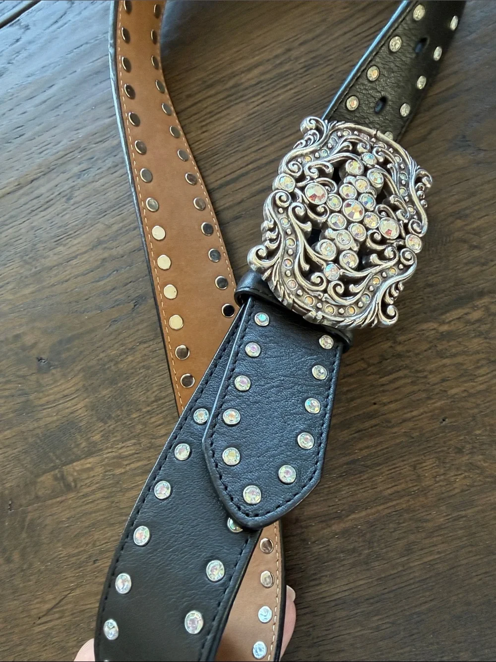Tony Lama Studded Black Leather Belt with Ornate Rhinestone Buckle